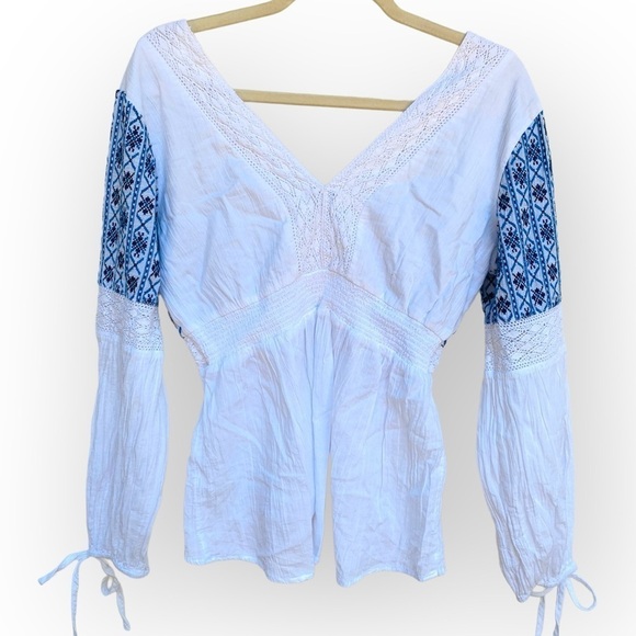 Sundance womens PS l.   long sleeve white blue boho shirt top blouse embroidered - Picture 6 of 9